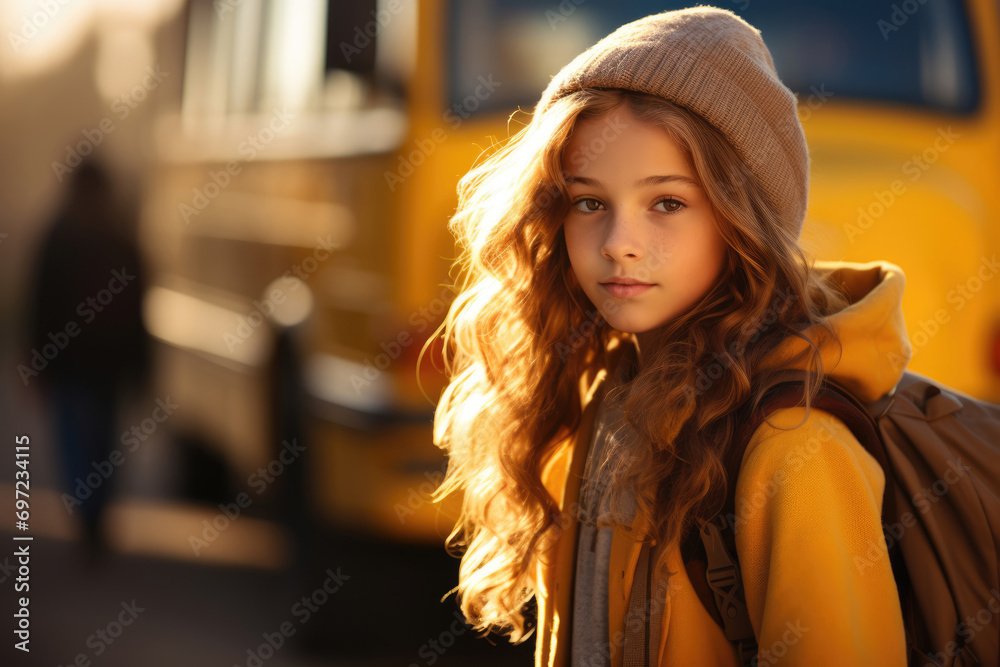 Fototapeta premium Schoolboy in front of a yellow school bus