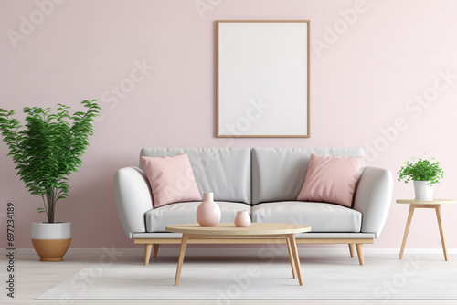 Mockup poster frame in modern interior living room. Generative AI illustration. © Chebix