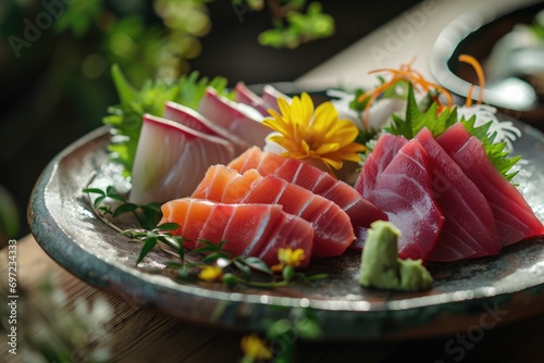 Japanese Culinary Symphony: Savor the Artistry of Sashimi Platter - A Feast for the Senses with Exquisite Cuts of Fresh Raw Fish, Masterfully Presented in a Culinary Canvas of Edible Elegance