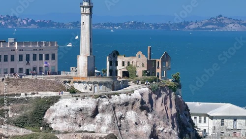 Aerial view of Alcatraz island in the San Francisco Bay. Close up view of the classical prison of Alcatraz, USA.  photo