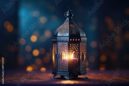 Ornamental Arabic lantern with burning candle glowing at night. photo