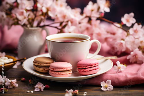 Cup of tea and macaroon dessert on a background of cherry blossoms