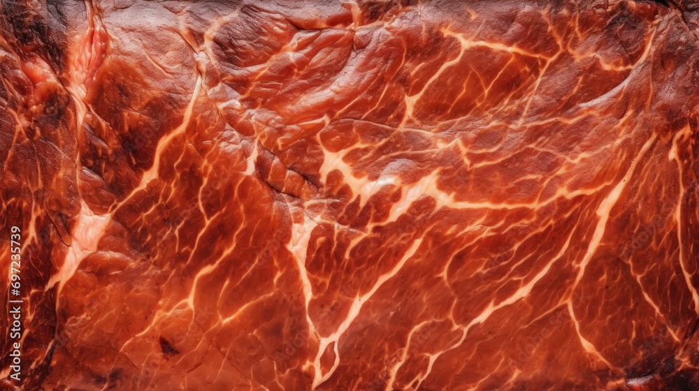 Close-up of fresh raw red beef meat steak structure. Food background. Generative AI Close-up of fresh raw red beef meat steak structure. Food background. Generative AI