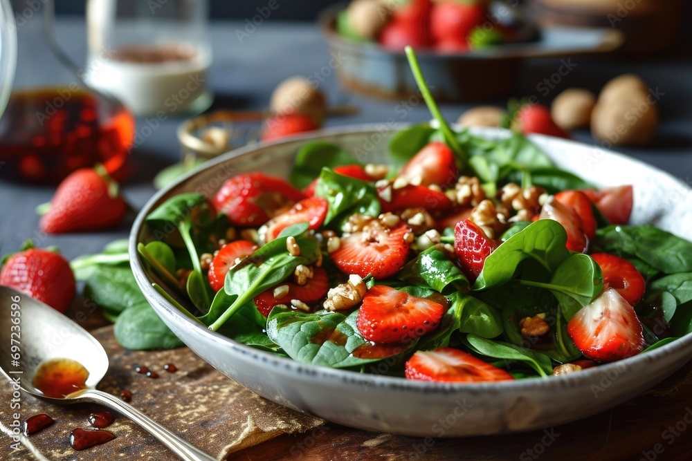 Vibrant Culinary Palette: Dive into the Refreshing World of Strawberry Spinach Salad with Balsamic Glaze - An Artful Composition of Fresh Greens and Seasonal Delights for a Culinary Extravaganza Vibrant Culinary Palette: Dive into the Refreshing World of Strawberry Spinach Salad with Balsamic Glaze - An Artful Composition of Fresh Greens and Seasonal Delights for a Culinary Extravaganza