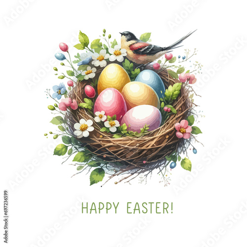 Spring Easter watercolor composition. Easter eggs in nest with flowers.