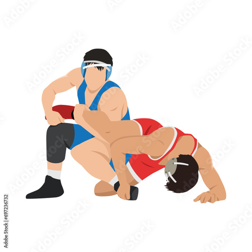 Image of athletes wrestlers in wrestling, fighting. Greco Roman wrestling, fight combating, struggle grappling, duel and mixed martial art. Flat vector illustration isolated on white background photo