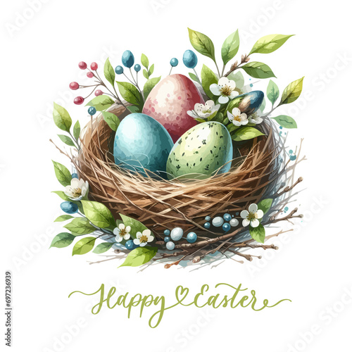 Spring Easter watercolor composition. Easter eggs in nest with flowers.