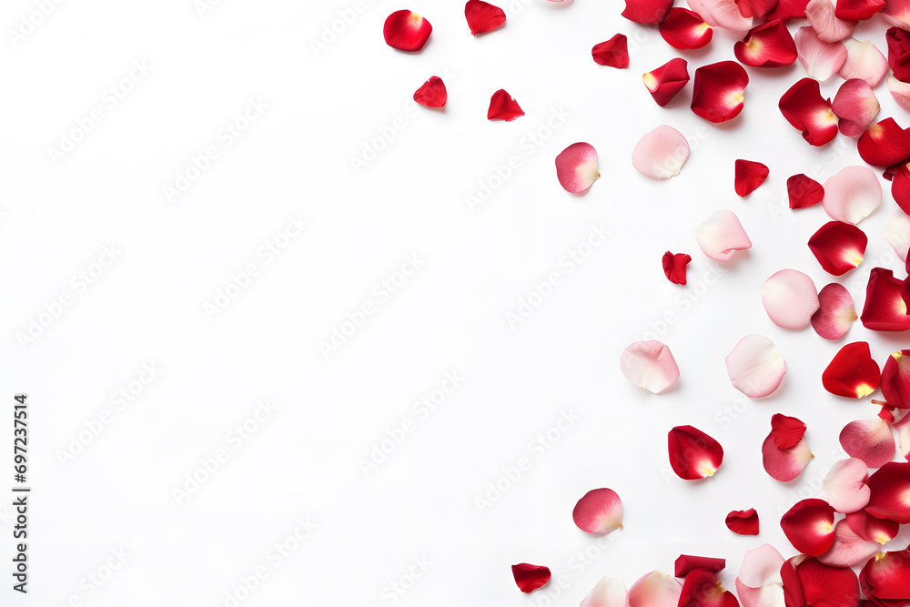 Romantic red and pink rose flower petals on white background with copy space