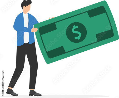 Businessmen carry dollar note. Stable month profit, saving money. Financial growth, earnings, salary increase concept. Vector illustration, flat style.


