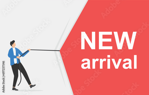 Businesswoman pulling curtain about new arrival. Place for text.

