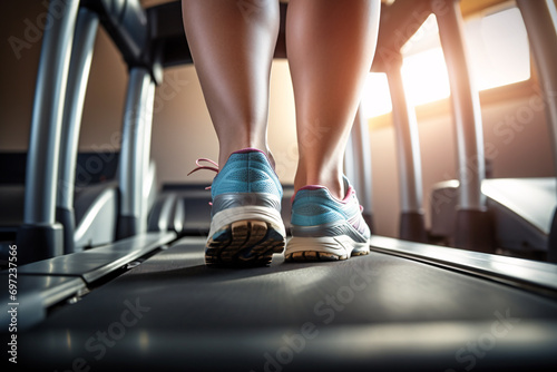 Plus size women legs running on treadmill in fitness studio