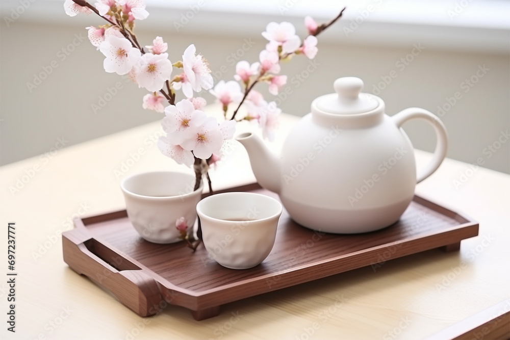 桜と茶器と急須