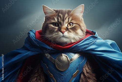 superhero cat, Scottish Whiskas with a blue cloak and mask. The concept of a superhero, super cat, leader photo