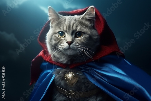 superhero cat  Scottish Whiskas with a blue cloak and mask. The concept of a superhero  super cat  leader
