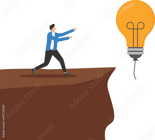 Businessmen runs down the mountain for an idea that flies away.

