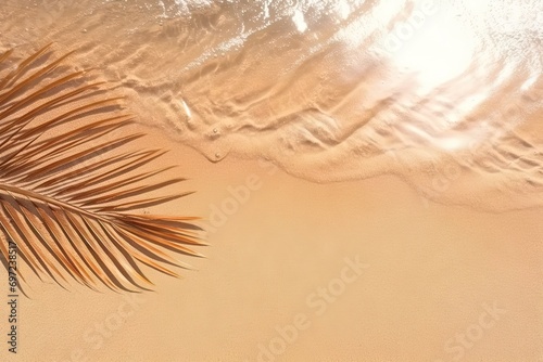 Scene invites viewers to escape to tropical paradise golden sands meet crystal clear waters of ocean. Pristine beach by gentle waves creates serene and inviting atmosphere perfect for relaxing getaway