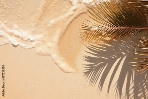Scene invites viewers to escape to tropical paradise golden sands meet crystal clear waters of ocean. Pristine beach by gentle waves creates serene and inviting atmosphere perfect for relaxing getaway