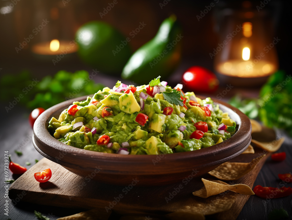 Delicious Mexican guacamole with vegetables, nachos and greens. Traditional food, Latin American, Mexican cuisine. Photorealistic, background with bokeh effect. 