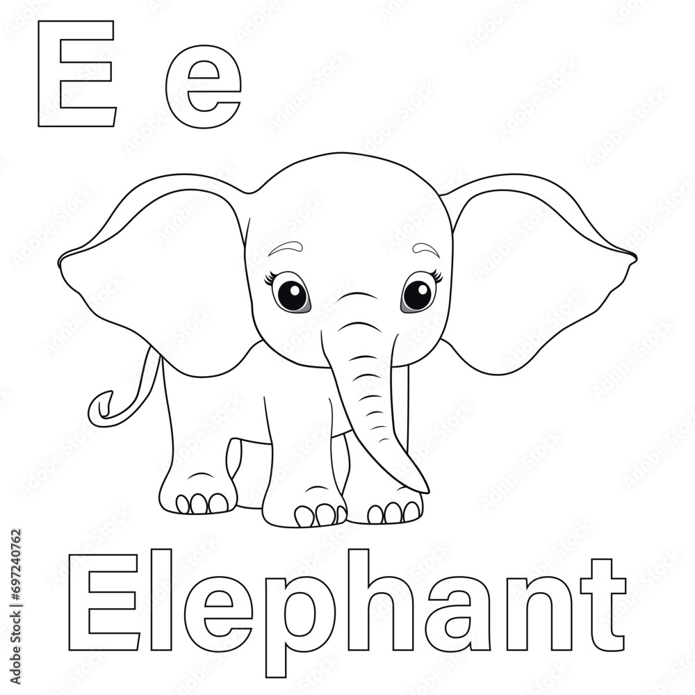 Fototapeta premium ABC alphabet tracing practice worksheet. Letter E for Elephant coloring pages vector illustration.