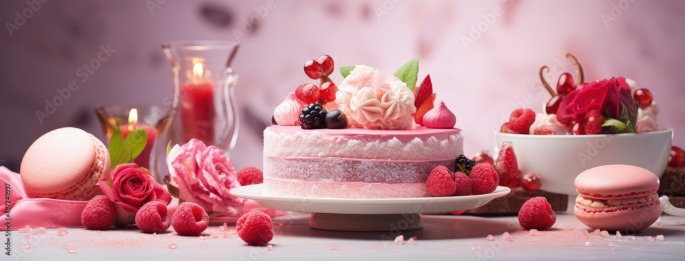 cake and dessert with fresh berries and cream in the style of light pink and crimson, bokeh panorama cake and dessert with fresh berries and cream in the style of light pink and crimson, bokeh panorama