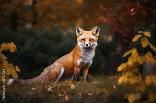 Autumn forest fox. Wildlife red furred mammal predator in fall season. Generate ai © nsit0108
