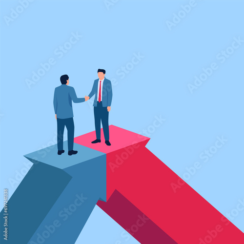 people shake hands over opposite arrows and meet at one point, a business collaboration metaphor. Simple flat conceptual illustration. drain