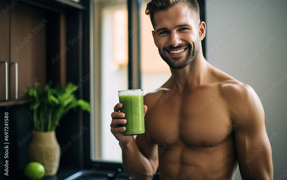 Healthy athletic man drinking green smoothie post workout at home, healthy concept. - obrazy, fototapety, plakaty 