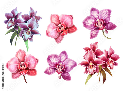 Vector pink and purple orchid in watercolor style  isolated on white background, vector flowers collection, orchid illustrations	
 photo