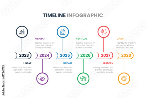 Vector Infographic Company Milestones Timeline Template with pointers on a curved road line