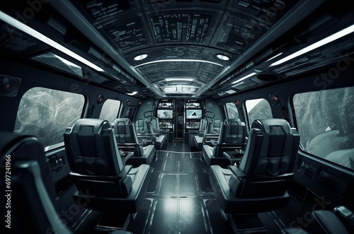 Futuristic spaceship bus cabin. Ultramodern advanced revolutionary shuttle vehicle. Generate ai