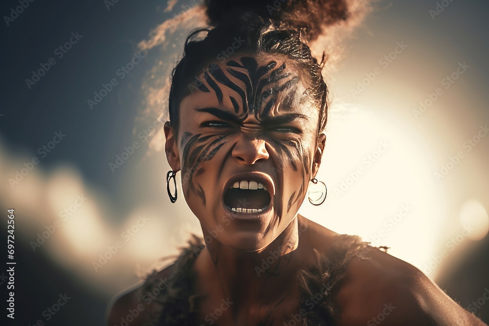 Maori yelling woman with angry face. Tribal fury female with tattoos marks on face. Generate ai - obrazy, fototapety, plakaty 