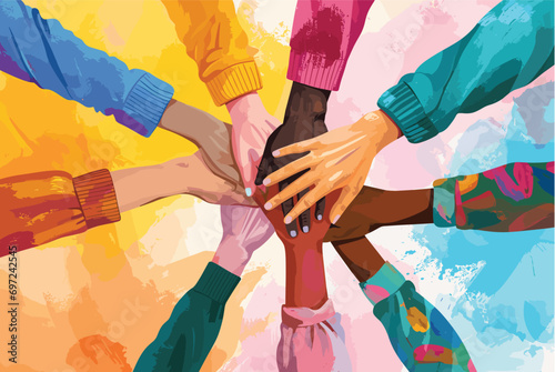 colorful hands together, symbol of diverse unity and collaboration