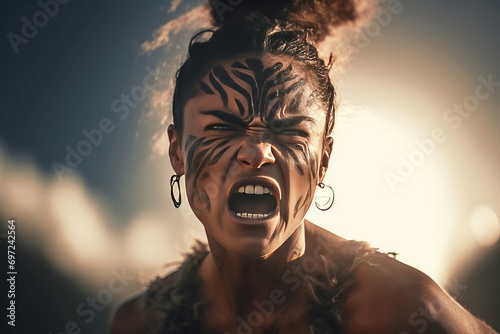 Maori yelling woman with angry face. Tribal fury female with tattoos marks on face. Generate ai photo