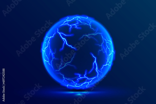 Power ring. Plasma sphere. Thunderbolt electricity lightning effect. Electric ball lightning. Round electric shock.