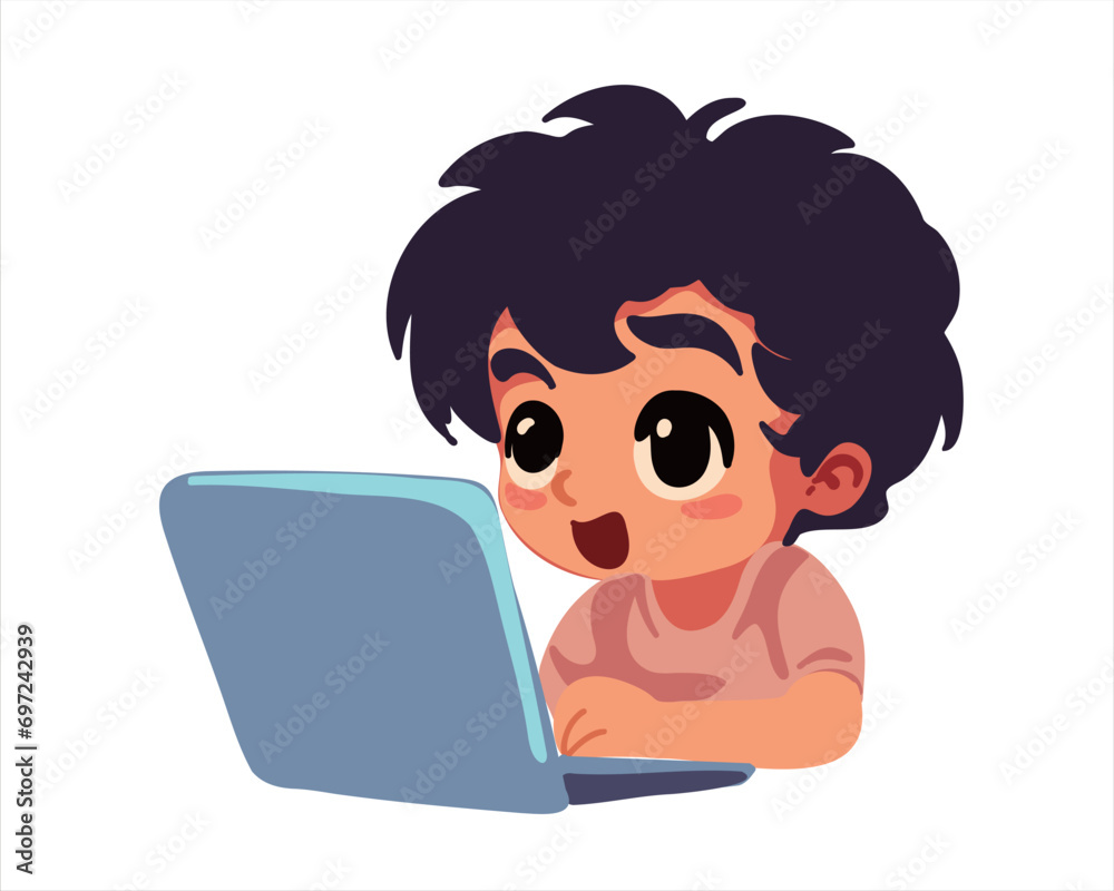 Surprised little boy sitting at a laptop, vector in cartoon style on a white background Surprised little boy sitting at a laptop, vector in cartoon style on a white background