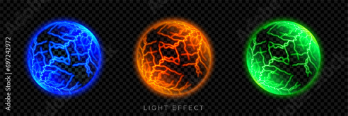 Electric ball lightning. Round electric shock. Power ring. Plasma sphere. Thunderbolt electricity lightning effect.