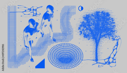 Brutalism 3D graphic. Retro futuristic aesthetic elements, geometry wireframe shapes and grids. Trendy abstract bitmap, halftone graphic. Vector set
