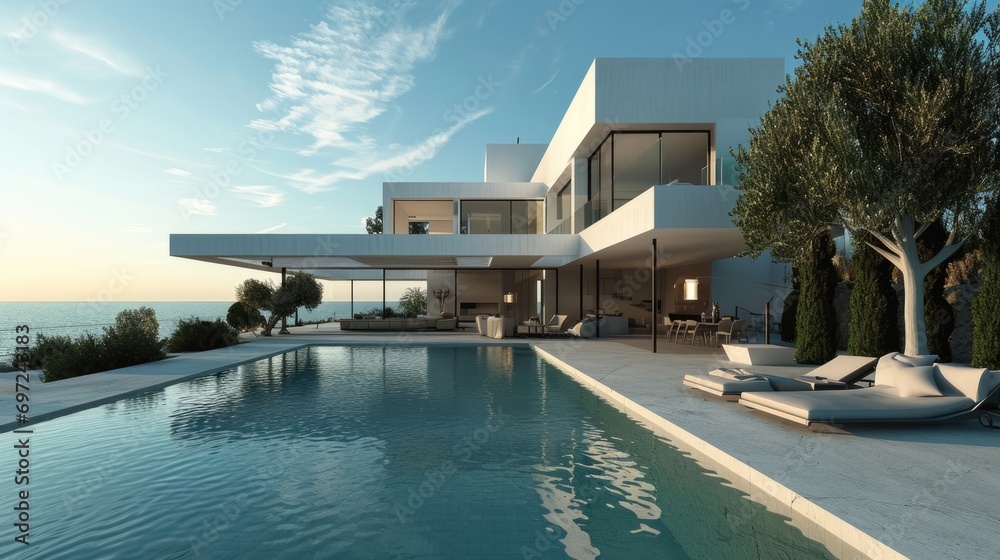 Fototapeta premium Luxury Bungalow Villa with Infinity Pool and Ocean View in Minimalist Architecture