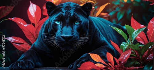 A majestic panther among exotic neon flowers and plants, nature. Dark background. The tropics, jungle. A black shiny predatory cat.