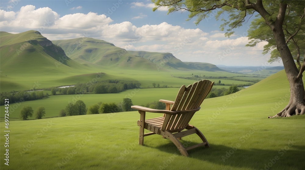 The Serene Solitude of a Green Landscape with a Wooden Chair The Serene Solitude of a Green Landscape with a Wooden Chair