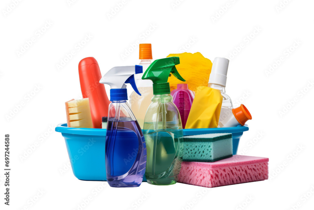 Neatly arranged cleaning supplies isolated on a white background Neatly arranged cleaning supplies isolated on a white background