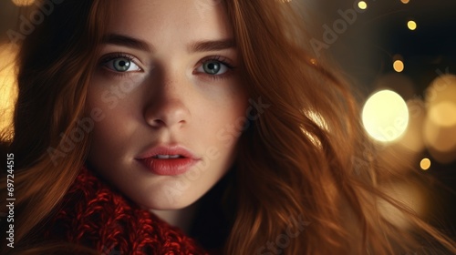 Close-up portrait of young beautiful cinematic woman with colorful eyes looking at camera.
