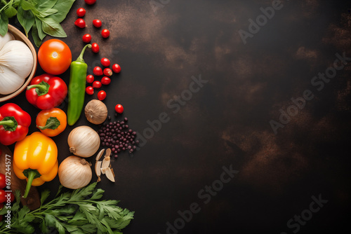 Various kitchen ingredients vegetables on dark background, health eating concept, food flat lay, for website, banners and marketing materials and copy space