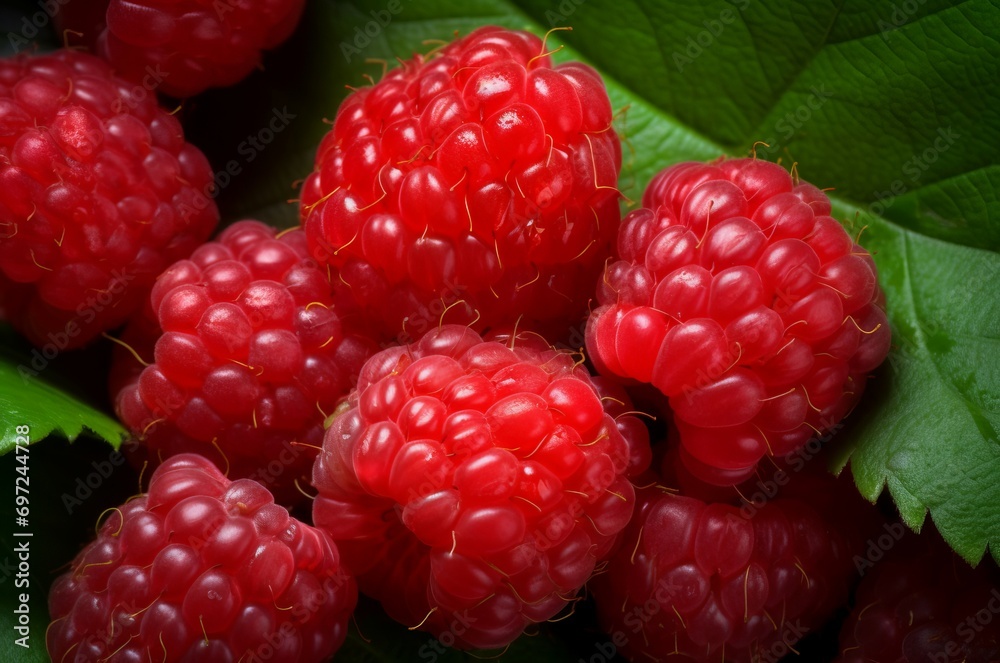 Red raspberries closeup. Healthy sweet summer berry fruits heap. Generate ai Red raspberries closeup. Healthy sweet summer berry fruits heap. Generate ai