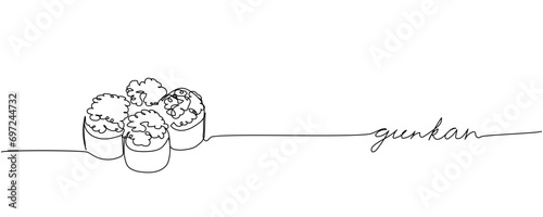 Sushi roll, Gunkan with red caviar, gunkan maki one line art. Continuous line drawing of sushi, japanese, food, roll, culture, tasty, japan, asian, sea, menu with inscription, lettering, handwritten.