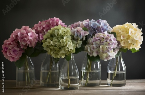 Six artificial hydrangeas. Floral colorful decoration in glass vases. Generate ai