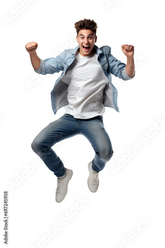 Excited Young Man Jumping in Joy Isolated on White Background