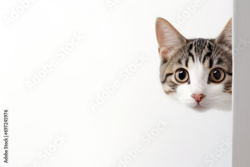 portrait of a cat peeking around corner