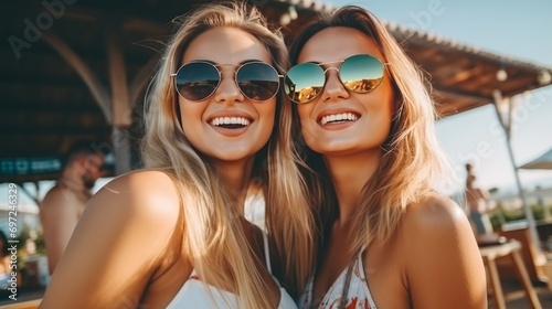 Happy beautiful women with sunglasses at sunny beach bar. summer vacation concept. photo