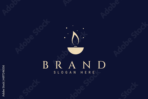 Candle logo with burning flame wick in flat illustration design